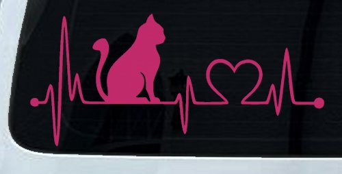 Cat Heartbeat Lifeline Heart Love Car or Truck Window Decal Sticker (Hot Pink)