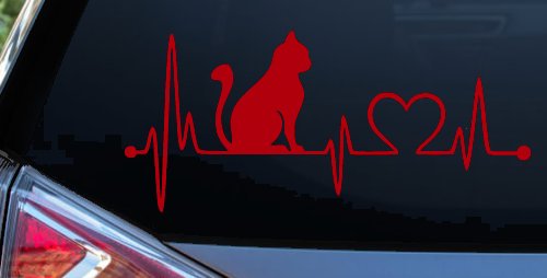 Cat Heartbeat Lifeline Heart Love Car or Truck Window Decal Sticker (Red)