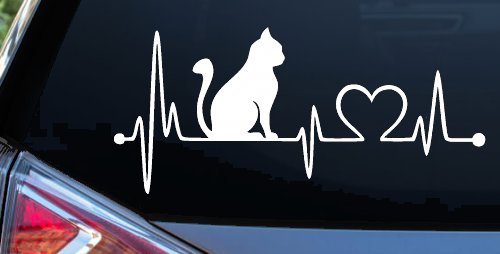 Cat Heartbeat Lifeline Heart Love Car or Truck Window Vinyl Decal Sticker (White)