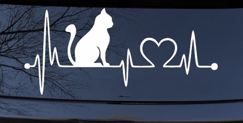 Cat Heartbeat Lifeline Heart Love Car or Truck Window Vinyl Decal Sticker (White)