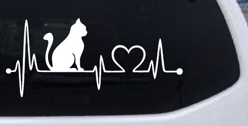 Cat Heartbeat Lifeline Heart Love Car or Truck Window Decal Sticker (White)