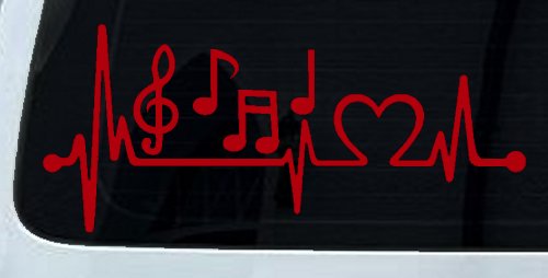 Music Notes Heartbeat Lifeline Monitor Love Music Car or Truck Window Decal Sticker (Red)