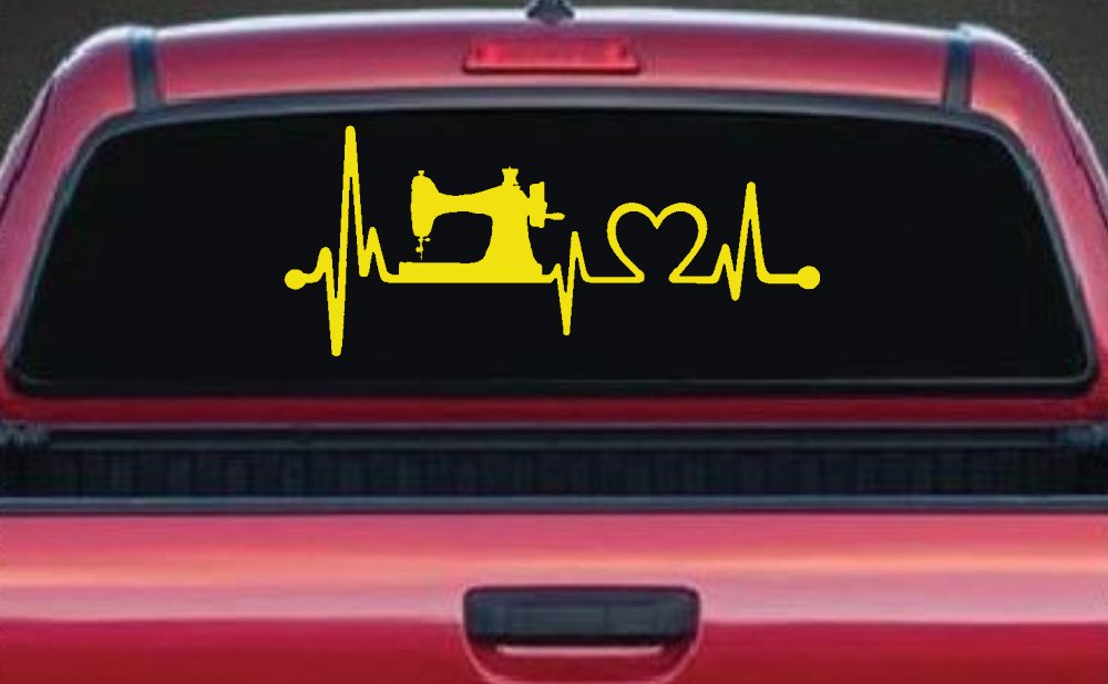Sewing Machine Love Heartbeat Lifeline Car or Truck Window Decal Sticker (Yellow)