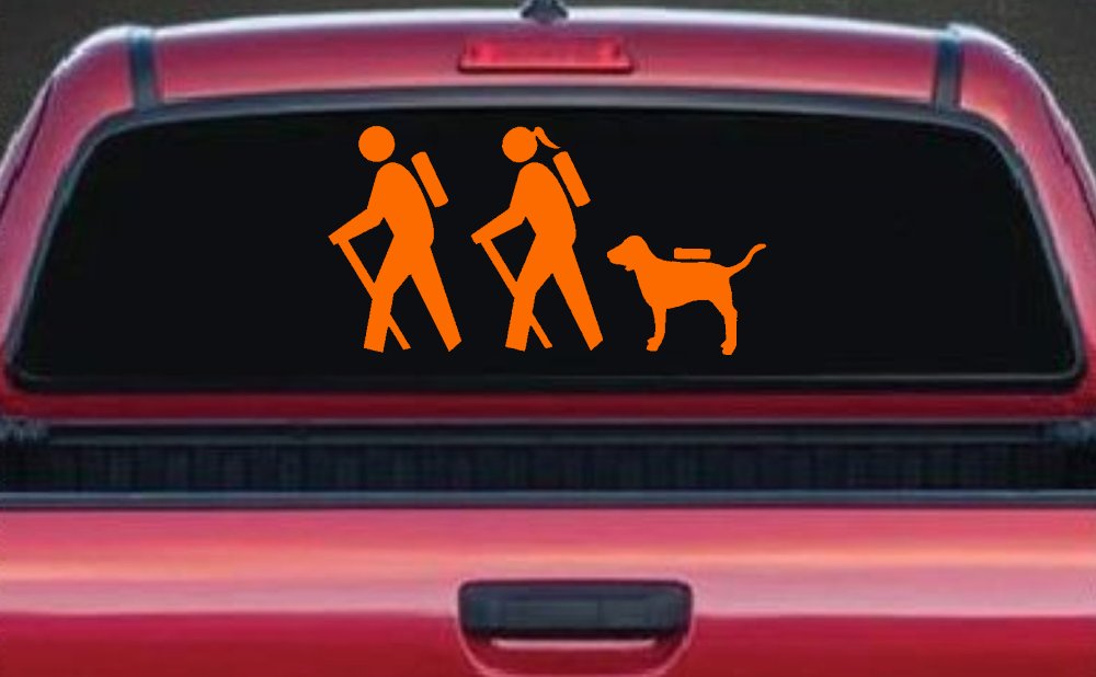 Hiker Couple Man Woman with Dog Hiking Camper Camping Nature Car or Truck Window Decal Sticker (Orange)