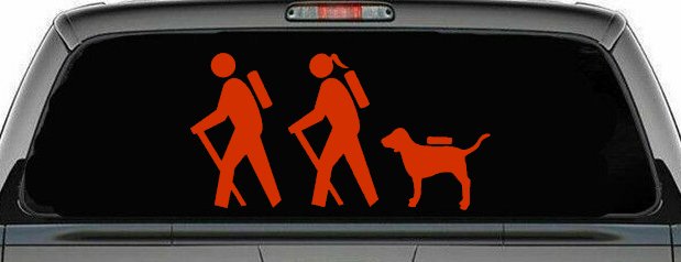 Hiker Couple Man Woman with Dog Hiking Camper Camping Nature Car or Truck Window Decal Sticker (Orange Red)