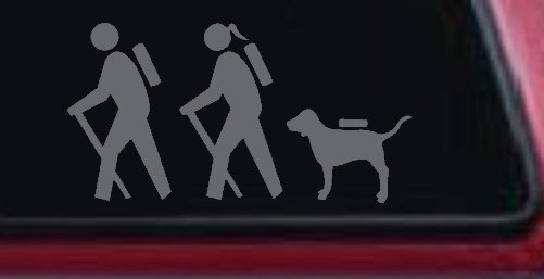 Hiker Couple Man Woman with Dog Hiking Camper Camping Nature Car or Truck Window Decal Sticker (Silver)