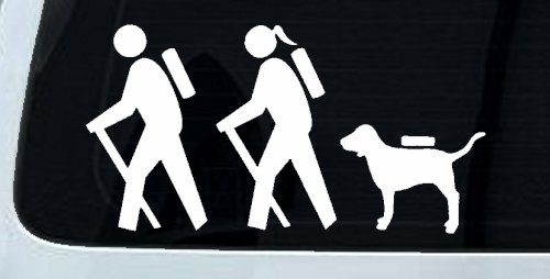 Hiker Couple Man Woman with Dog Hiking Camper Camping Nature Car or Truck Window Vinyl Decal Sticker (White)