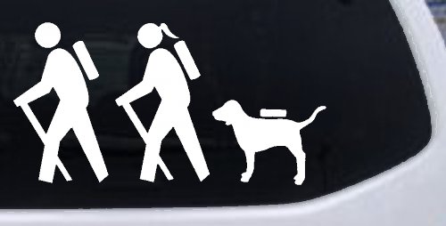 Hiker Couple Man Woman with Dog Hiking Camper Camping Nature Car or Truck Window Vinyl Decal Sticker (White)