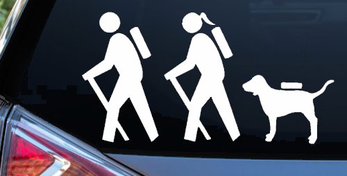 Hiker Couple Man Woman with Dog Hiking Camper Camping Nature Car or Truck Window Vinyl Decal Sticker (White)