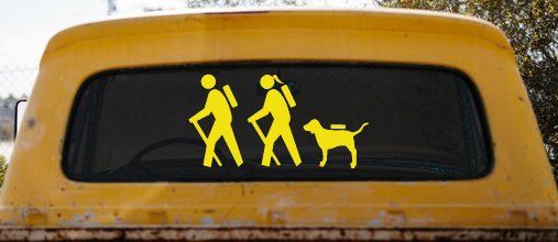 Hiker Couple Man Woman with Dog Hiking Camper Camping Nature Car or Truck Window Decal Sticker (Yellow)