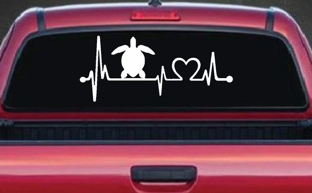Sea Turtle Heartbeat Lifeline Car or Truck Window Decal Sticker (White)