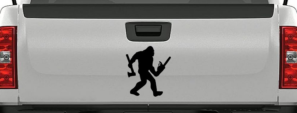 Bigfoot Lumberjack Logger with Axe and Chainsaw Funny Car or Truck Window Decal Sticker (Black)