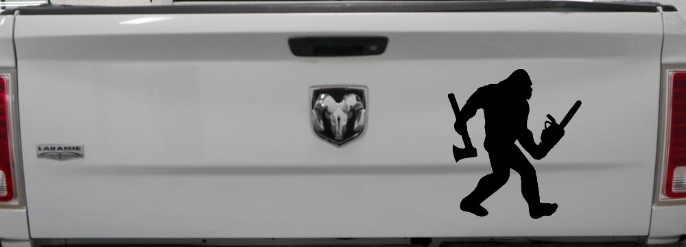 Bigfoot Lumberjack Logger with Axe and Chainsaw Funny Car or Truck Window Decal Sticker