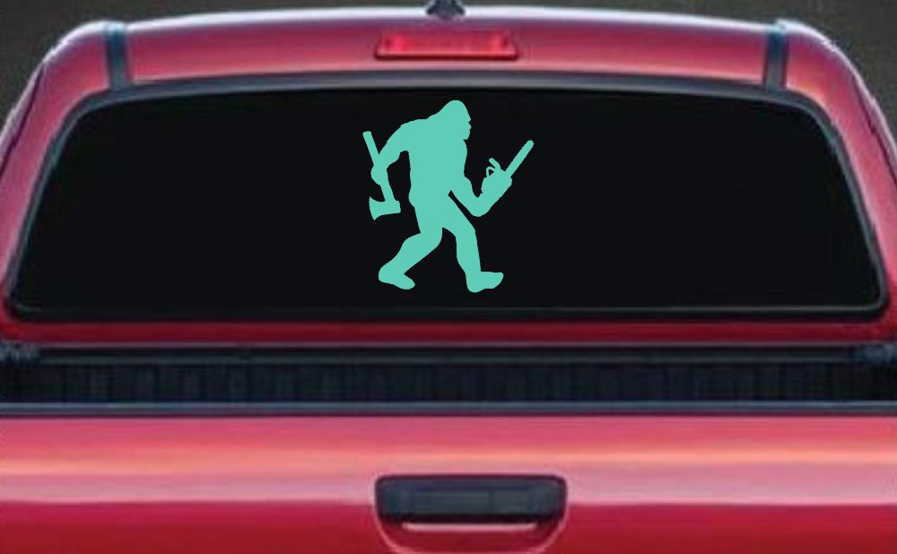 Bigfoot Lumberjack Logger with Axe and Chainsaw Funny Car or Truck Window Vinyl Decal Sticker (Mint)