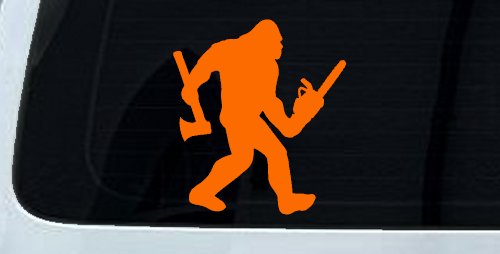 Bigfoot Lumberjack Logger with Axe and Chainsaw Funny Car or Truck Window Decal Sticker (Orange)