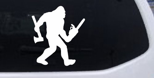 Bigfoot Lumberjack Logger with Axe and Chainsaw Funny Car or Truck Window Decal Sticker