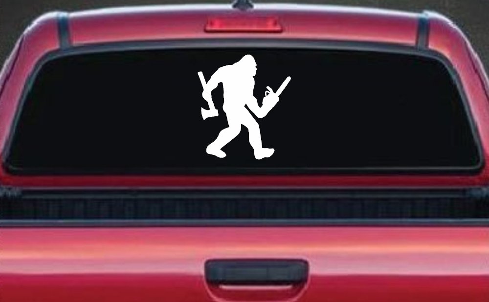 Bigfoot Lumberjack Logger with Axe and Chainsaw Funny Car or Truck Window Decal Sticker