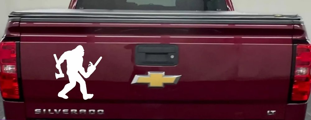 Bigfoot Lumberjack Logger with Axe and Chainsaw Funny Car or Truck Window Vinyl Decal Sticker (White)