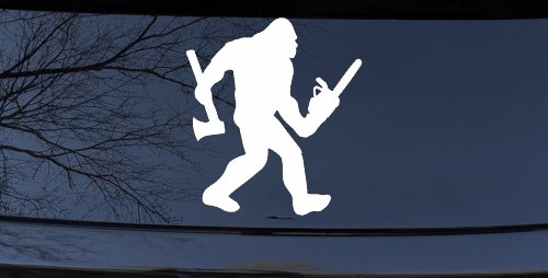 Bigfoot Lumberjack Logger with Axe and Chainsaw Funny Car or Truck Window Decal Sticker (White)