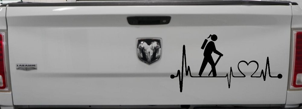 Girl Hiker Heartbeat Lifeline Monitor Hiking Camper Camping Car or Truck Window Vinyl Decal Sticker (Black)