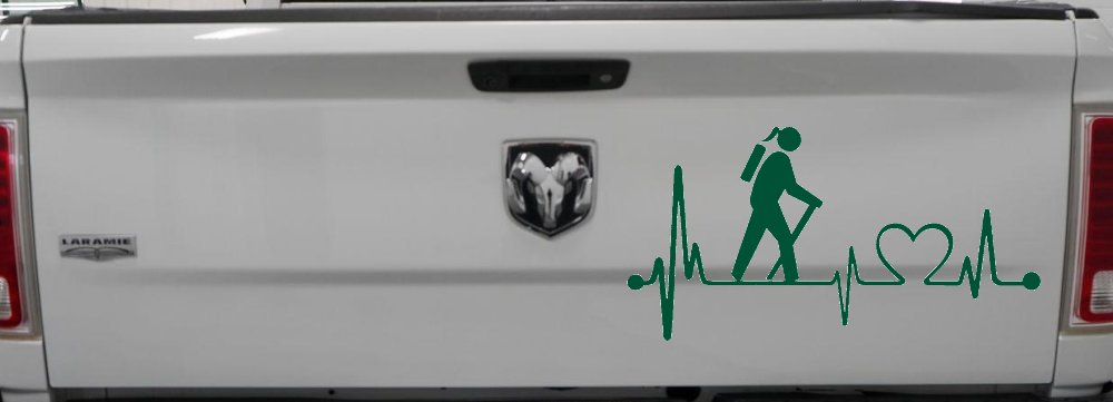 Girl Hiker Heartbeat Lifeline Monitor Hiking Camper Camping Car or Truck Window Decal Sticker (Dark Green)