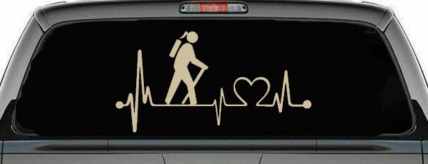 Girl Hiker Heartbeat Lifeline Monitor Hiking Camper Camping Car or Truck Window Decal Sticker (Desert Sand)