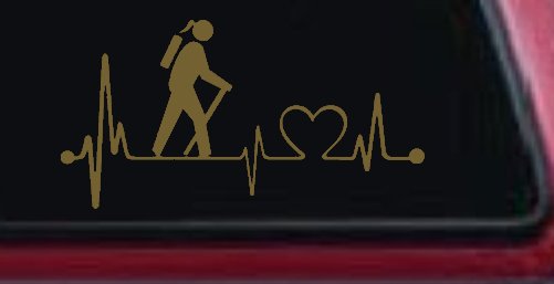 Girl Hiker Heartbeat Lifeline Monitor Hiking Camper Camping Car or Truck Window Decal Sticker (Gold)