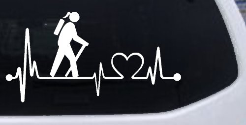 Girl Hiker Heartbeat Lifeline Monitor Hiking Camper Camping Car or Truck Window Vinyl Decal Sticker (White)