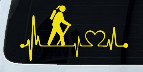 Girl Hiker Heartbeat Lifeline Monitor Hiking Camper Camping Car or Truck Window Decal Sticker (Yellow)