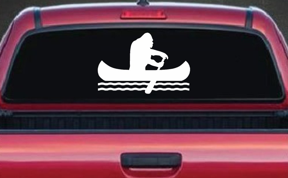 Bigfoot Sasquatch Canoe Funny Car or Truck Window Decal Sticker (White)