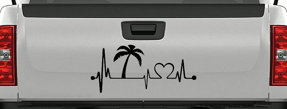 Palm Tree Beach Heartbeat Lifeline Vacation Car or Truck Window Decal Sticker (Black)