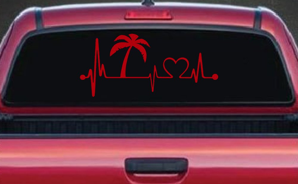 Palm Tree Beach Heartbeat Lifeline Vacation Car or Truck Window Decal Sticker (Red)
