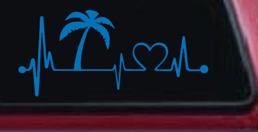 Palm Tree Beach Heartbeat Lifeline Vacation Car or Truck Window Decal Sticker (Sky Blue)
