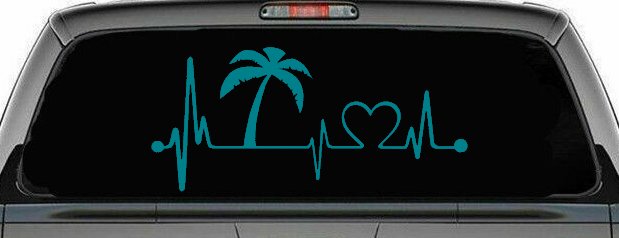 Palm Tree Beach Heartbeat Lifeline Vacation Car or Truck Window Vinyl Decal Sticker (Turquoise Blue)