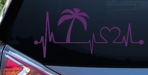 Palm Tree Beach Heartbeat Lifeline Vacation Car or Truck Window Decal Sticker (Violet)
