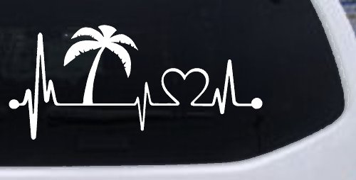 Palm Tree Beach Heartbeat Lifeline Vacation Car or Truck Window Vinyl Decal Sticker (White)
