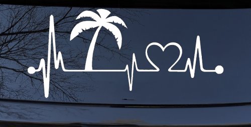 Palm Tree Beach Heartbeat Lifeline Vacation Car or Truck Window Decal Sticker (White)