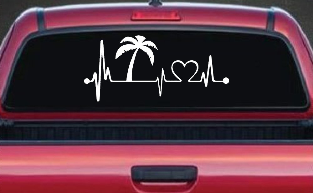 Palm Tree Beach Heartbeat Lifeline Vacation Car or Truck Window Vinyl Decal Sticker (White)