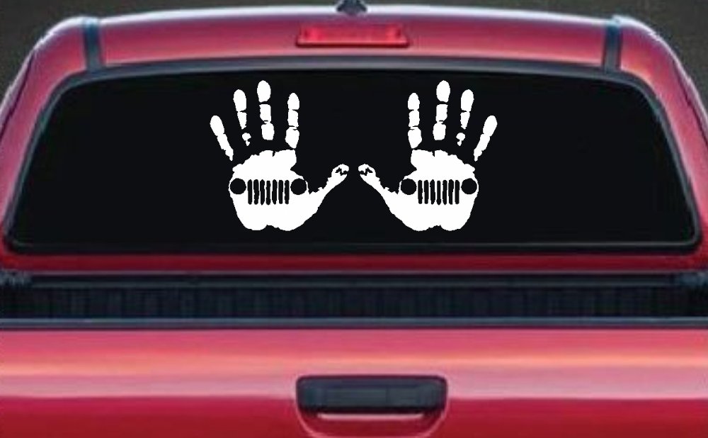 2-Pack Jeep Wave (1 Right, 1 Left Handed) Jeep Grill in Muddy Waving Hand Print Off Road Car or Truck Window Vinyl Decal Sticker (White)