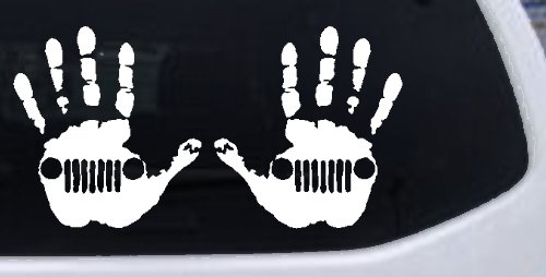 2-Pack Jeep Wave (1 Right, 1 Left Handed) Jeep Grill in Muddy Waving Hand Print Off Road Car or Truck Window Vinyl Decal Sticker (White)