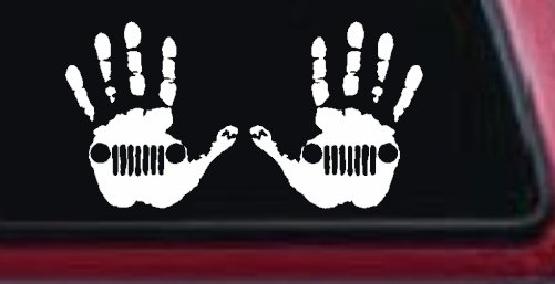 2-Pack Jeep Wave (1 Right, 1 Left Handed) Jeep Grill in Muddy Waving Hand Print Off Road Car or Truck Window Decal Sticker (White)