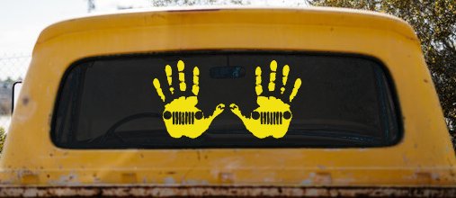2-Pack Jeep Wave (1 Right, 1 Left Handed) Jeep Grill in Muddy Waving Hand Print Off Road Car or Truck Window Vinyl Decal Sticker (Yellow)
