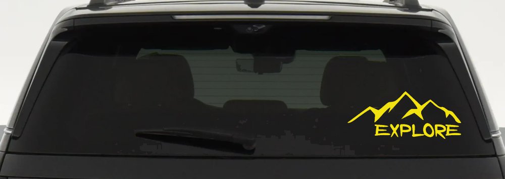 Explore Mountains Hiking Off Road Car or Truck Window Decal Sticker (Yellow)
