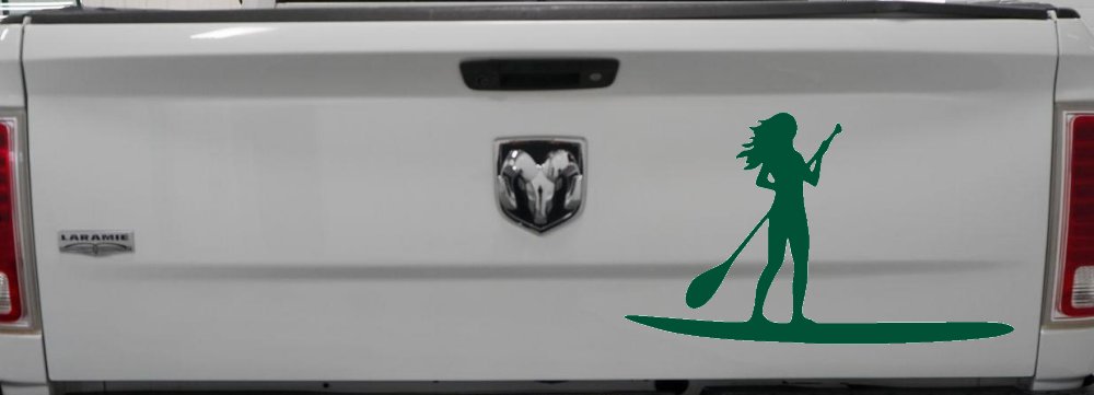 Stand Up Paddleboard with Woman Girl Car or Truck Window Decal Sticker (Dark Green)