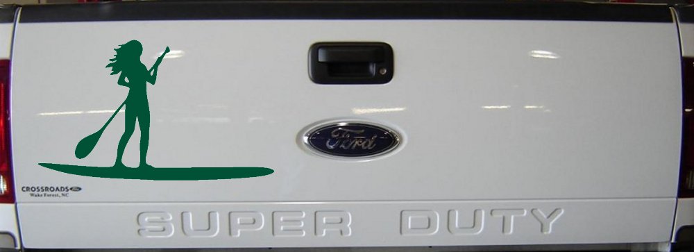 Stand Up Paddleboard with Woman Girl Car or Truck Window Vinyl Decal Sticker (Dark Green)