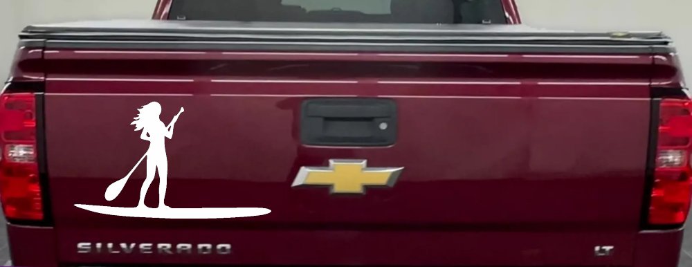 Stand Up Paddleboard with Woman Girl Car or Truck Window Vinyl Decal Sticker (White)