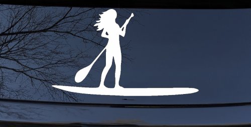 Stand Up Paddleboard with Woman Girl Car or Truck Window Vinyl Decal Sticker (White)
