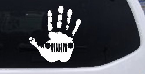 Jeep Wave Jeep Grill in Muddy Waving Hand Print Off Road Car or Truck Window Decal Sticker (White)