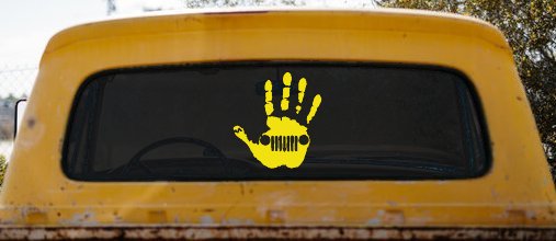 Jeep Wave Jeep Grill in Muddy Waving Hand Print Off Road Car or Truck Window Decal Sticker (Yellow)