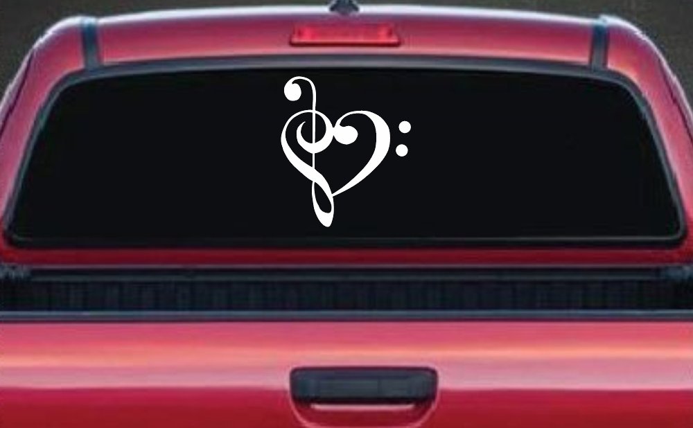Treble Bass Clef Heart Love of Music Band Music Notes Music Car or Truck Window Decal Sticker (White)